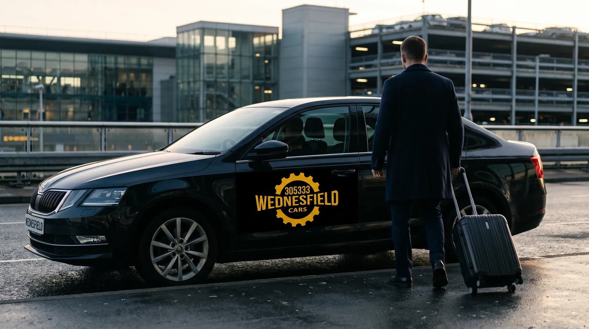 A passenger arriving at the airport terminal after a Wednesfield Cars transfer