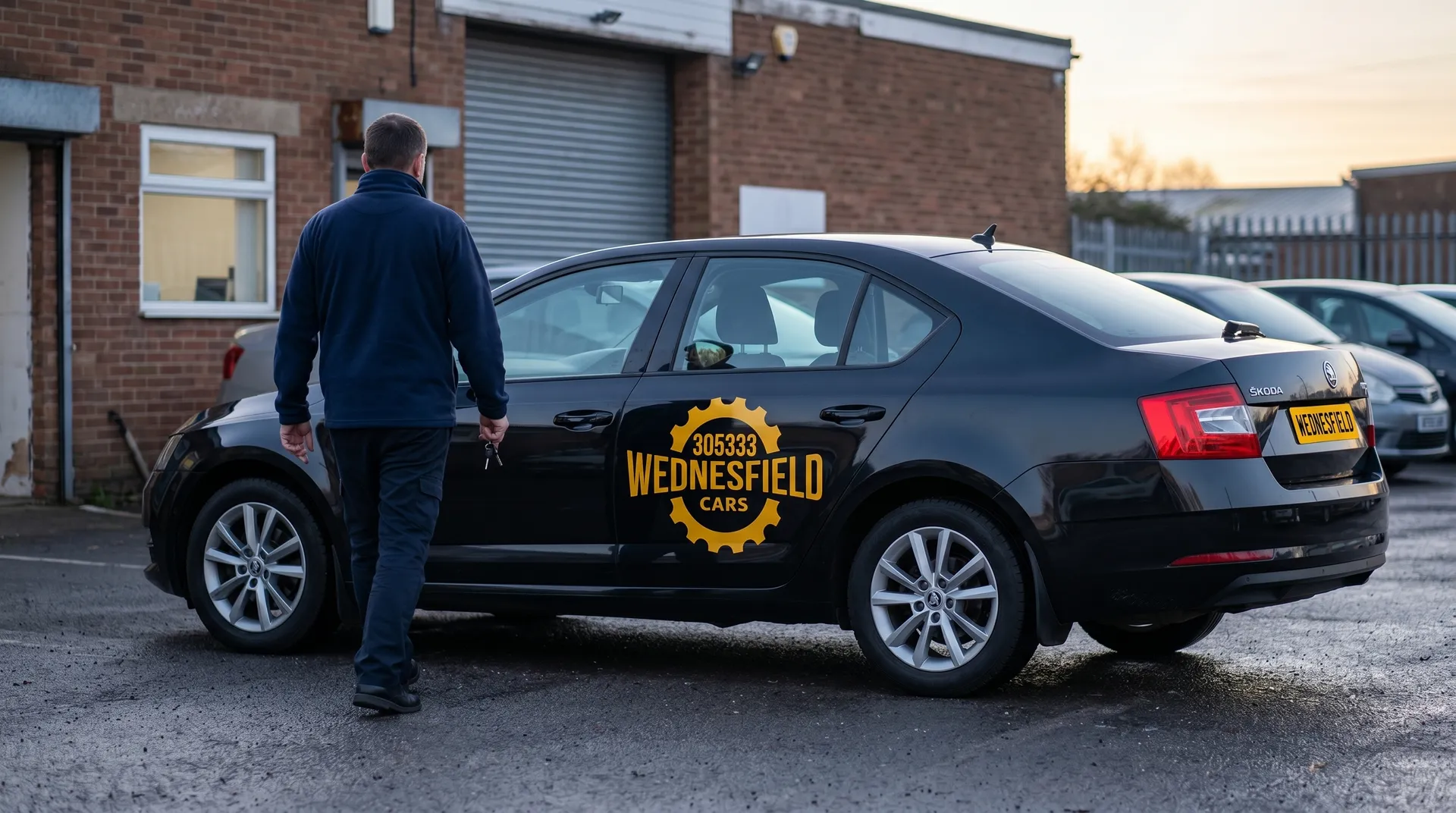 Wednesfield Cars driver in casual fleece walking toward his branded Skoda Octavia at the Raynor Road depot at dawn, coffee in hand