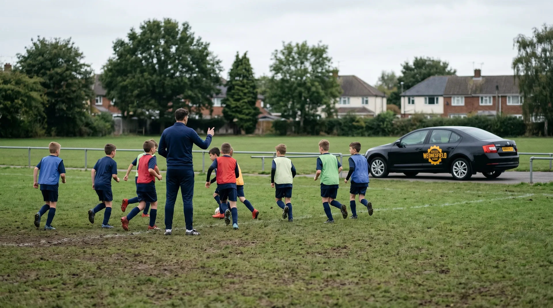 Wednesfield Cars saloon parked behind the railings of a community football pitch where children are training